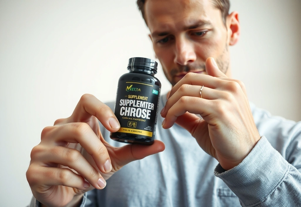 Ręce trzymające butelkę suplementu z czytelną etykietą