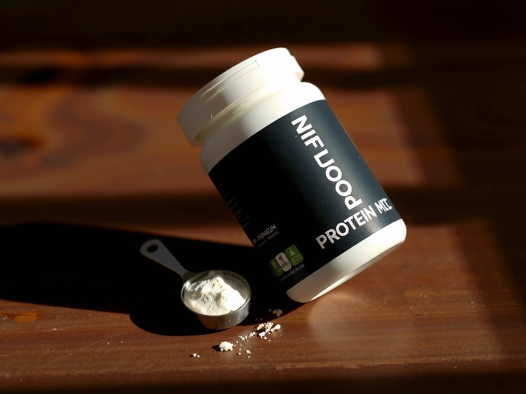 Kontener z białkiem serwatkowym na ciemnej powierzchni